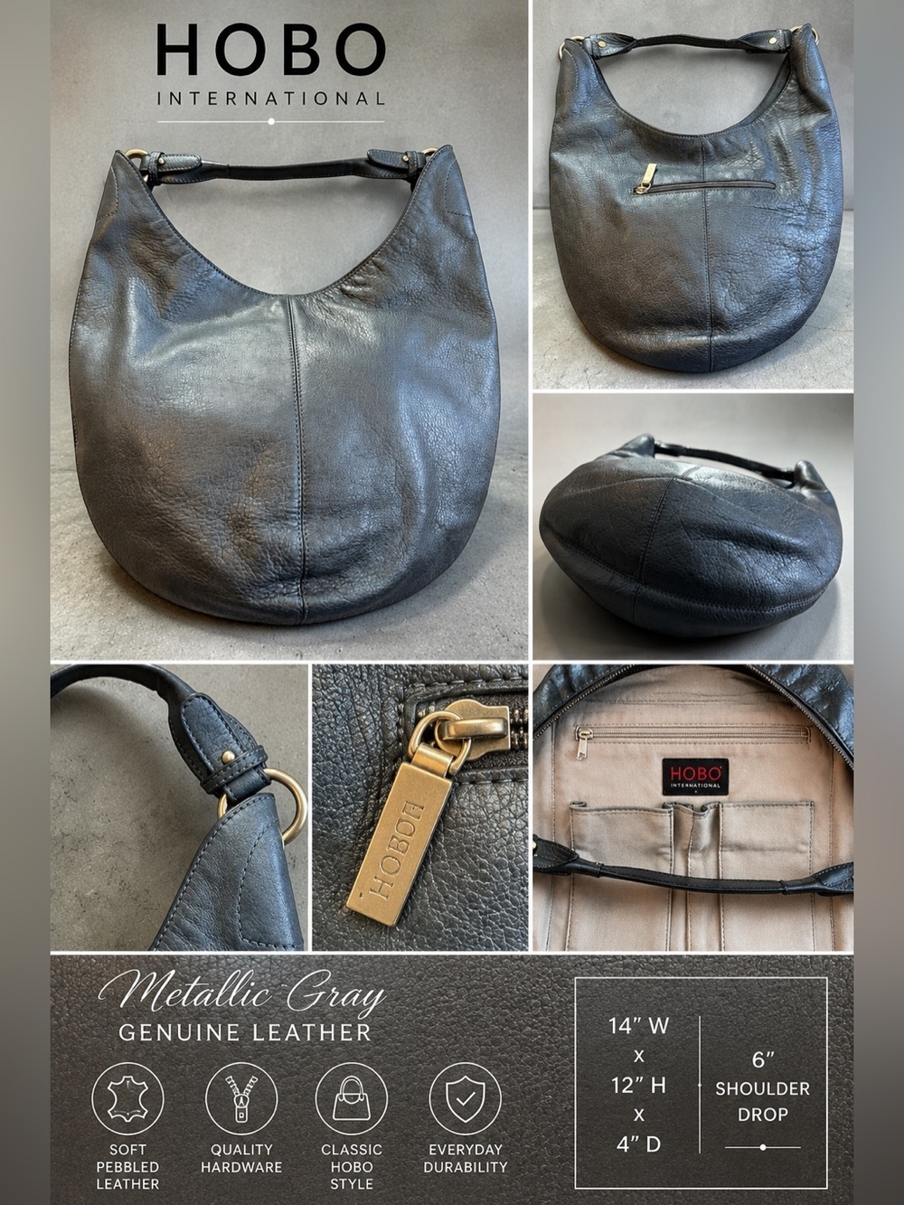 HOBO International Metallic Gray Leather Hobo Shoulder Bag Slouchy Large Purse